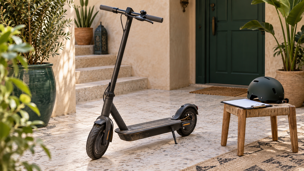 Trottinette électrique sans marque à l’arrêt dans une cour, avec un casque et un carnet sur un tabouret.